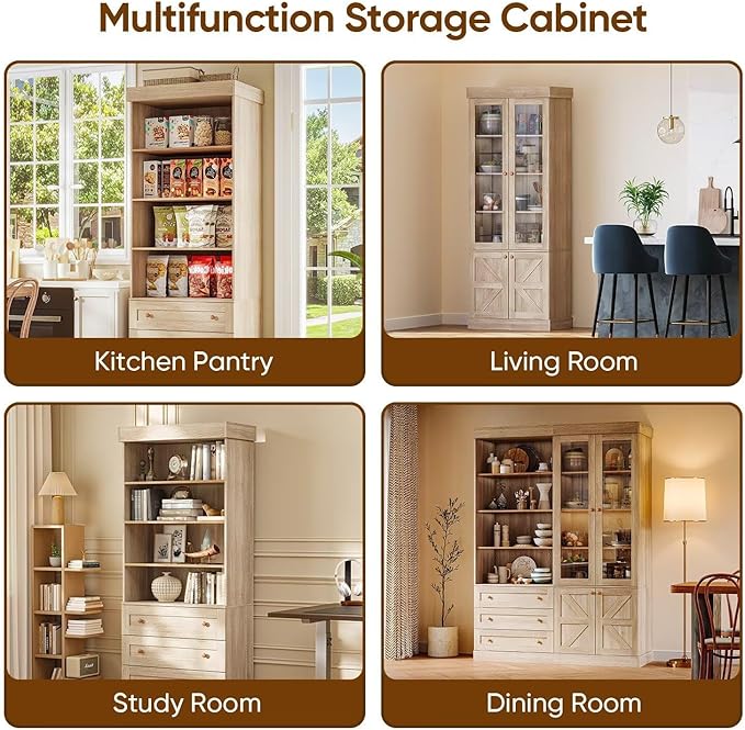 Vyre 71" Tall Farmhouse Bookshelves with Glass Doors and Drawers, Large Modular Bookcase with Adjustable Shelves, Rustic Storage Cabinet for Living Room and Kitchen, Set of 4, Brown