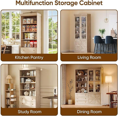 Vyre 71" Tall Farmhouse Bookshelves with Glass Doors and Drawers, Large Modular Bookcase with Adjustable Shelves, Rustic Storage Cabinet for Living Room and Kitchen, Set of 4, Brown