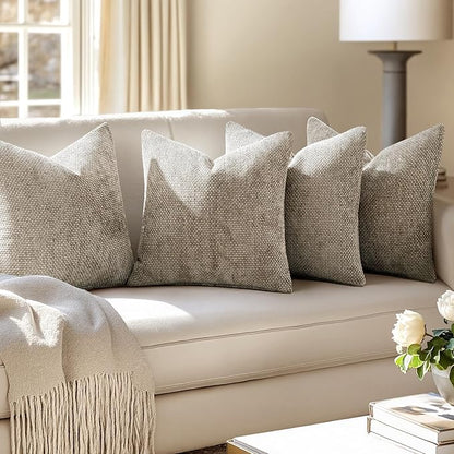MIULEE Pack of 4 Throw Pillow Covers 18x18 Inch Khaki Soft Decorative Chenille Pillow Covers Farmhouse Accent Cushion Covers for Boho Home Decor Bedroom Living Room
