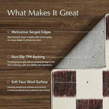 EVERGRACE Checkered Plaid Area Rug 2x10, Soft Fuzzy Faux Wool Rugs Washable Anti Slip Rugs Long Runner Carpet for Entryway Bedroom Living Room Hallway Kitchen Dining Room and Laundry, Dark Brown