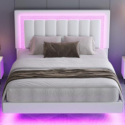 HOMBCK Floating Bed Frame Queen with Smart LED Lights, Faux Leather Upholstered Bed with Diamond PU Headboard, No Box Spring Needed, Noise-Free, Easy Assembly, White