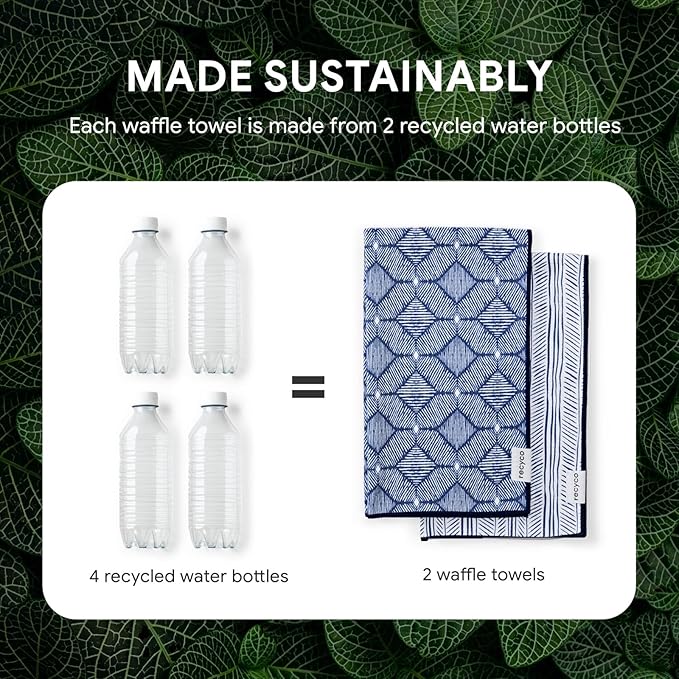 RECYCO Waffle Kitchen Towels Set of 2 Quick Dry Microfiber Sustainable Lightweight Hand Towels Indigo Harmony 16x28