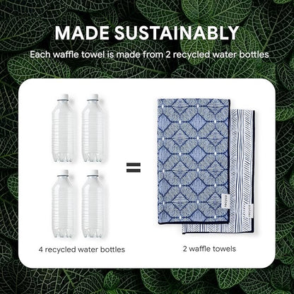 RECYCO Waffle Kitchen Towels Set of 2 Quick Dry Microfiber Sustainable Lightweight Hand Towels Indigo Harmony 16x28