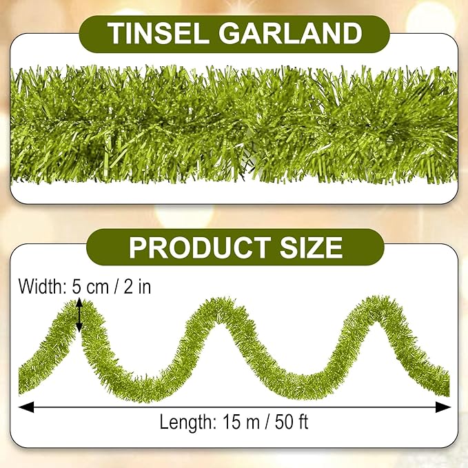 50 Feet Light Green Christmas Tinsel Garland, Metallic Foil Twist Garland Wall Hanging Tinsel Banner Backdrop for Parade Floats, Easter, Mother's Day, Wedding Party Decorations (2in x 50ft)