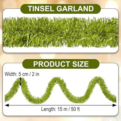 50 Feet Light Green Christmas Tinsel Garland, Metallic Foil Twist Garland Wall Hanging Tinsel Banner Backdrop for Parade Floats, Easter, Mother's Day, Wedding Party Decorations (2in x 50ft)