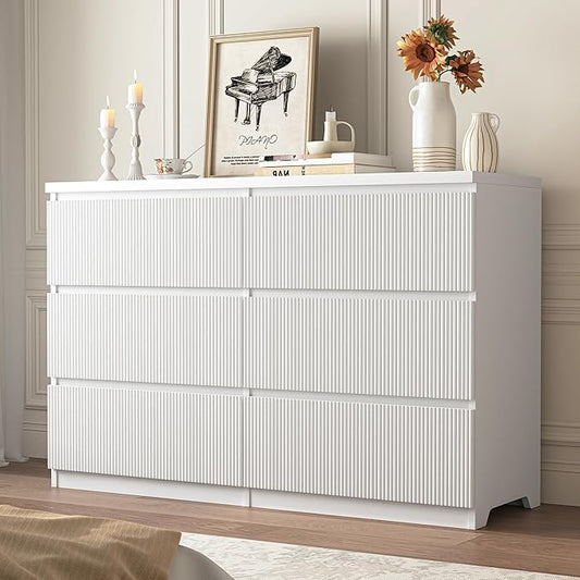 Fluted 6 Drawers Dresser,Modern Large Wood Dresser,Chest of Drawers for Bedroom, Living Room,Hallway,Entryway,TV Stand Drawer Organizer(Fluted White)