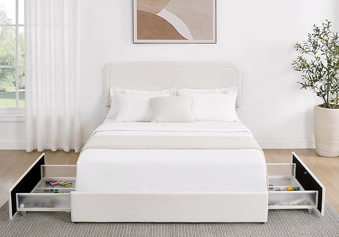 Queen Size Boucle Upholstered Platform Bed Frame, with 2 Drawers Storage, Curved Stitched Tufted Headboard, Wooden Slat Mattress Support, Noise Free, Easy Assembly, No Box Spring Needed, Ivory