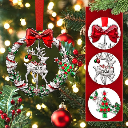 Christmas Ornament 2025 for Christmas Tree Hanging Decorations, Xmas Wreath Ornament with Rotatable Reindeer, Dated 2025 Metal Xmas Ornament for Holiday Decorative Keepsake Gift