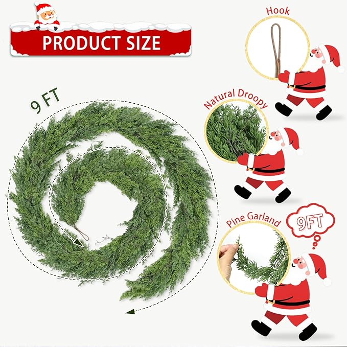 9 Ft Real Touch Christmas Garlands,Thick and Lush，Bendable guirnaldas navideñas, Pine Cedar Garland Artificial Realistic, Christmas Garland for Mantle,Indoor Outdoor Christmas Decorations