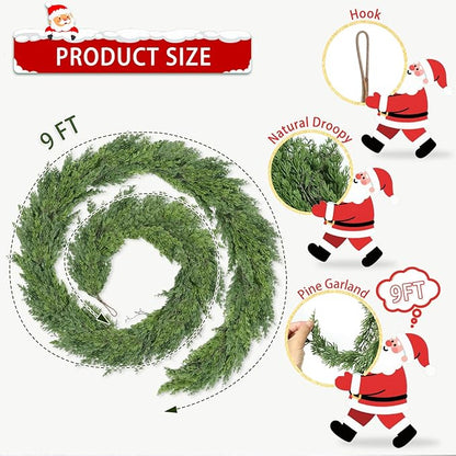 9 Ft Real Touch Christmas Garlands,Thick and Lush，Bendable guirnaldas navideñas, Pine Cedar Garland Artificial Realistic, Christmas Garland for Mantle,Indoor Outdoor Christmas Decorations