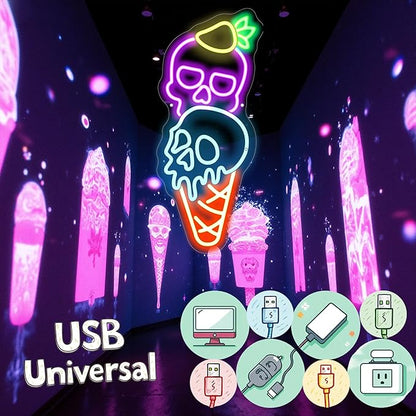 Ice Cream Skull Neon Sign, Quirky Gothic LED Wall Art,Skull Neon Light Ice Cream Neon Lighht Halloween Decor Wall Halloween Neon Sign Coffee Shop Decor, Christmas Party Bar Drink Shop-Purple