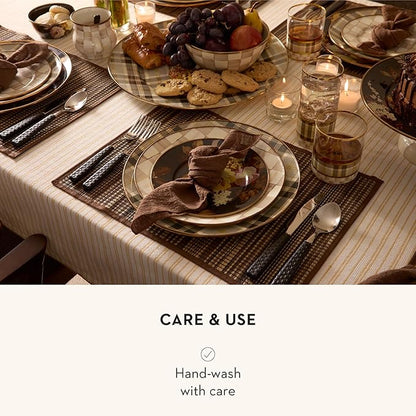 MACKENZIE-CHILDS Set of 4 Tumbler Glasses, Glass Drinkware with Gold Rims, 12 Ounces, Brown-and-White Tartan Mocha