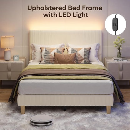 Bestier Full Bed Frame with Adjustable Headboard, LED Lighting, Vertical Channel Tufted Corduroy Upholstered, Solid Wooden Slats Support, No Box Spring Needed, Never Squeaks, Easy Assembly, Beige