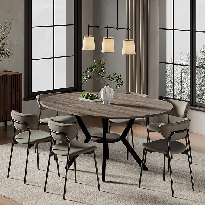 42"-58" Extendable Round Dining Table for 4-6, Kitchen Oval Table with Hidden Leaves & Storage Shelf, Space Saving Modern Design with Sturdy Metal Legs for Kitchen, Dining Room