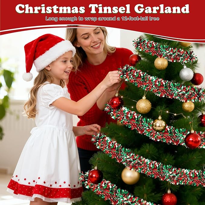 50FT Christmas Tinsel Garland, Red Green Metallic Twist Shiny Hanging Garland Ornaments for Christmas Tree, Party Supplies Thick Metallic Xmas Streamers