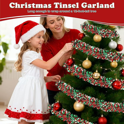 50FT Christmas Tinsel Garland, Red Green Metallic Twist Shiny Hanging Garland Ornaments for Christmas Tree, Party Supplies Thick Metallic Xmas Streamers