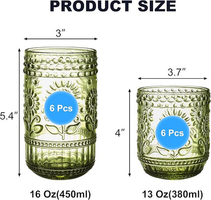 Green Drinking Glasses Set of 12, 16 Oz Highball & 13 Oz Cocktail Glasses, Green Kitchen Vintage Glassware Set, Floral Embossed Glass Tumbler Cups for Coffee, Beer, Water, Whiskey, Juice