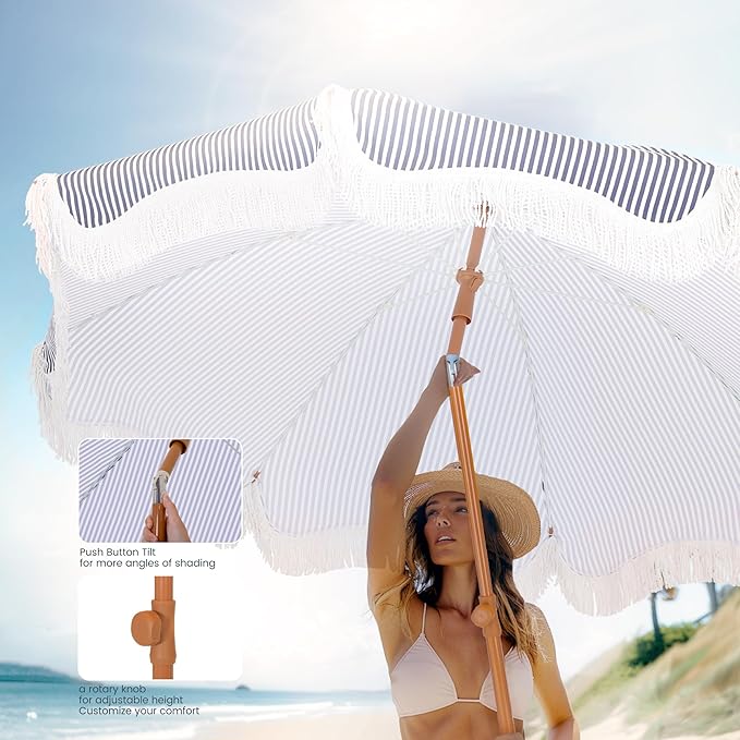 PHI VILLA 7ft Beach Umbrella with Fringe & Sand Anchor, Outdoor Patio Heavy Duty Windproof Portable Tassel Umbrellas for Sand with Push Button Tilt & Carrying Bag, UPF 50+, Stripe Blue & White
