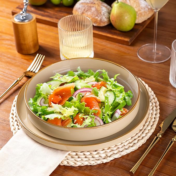 GBHOME Ceramic Dinnerware Sets With Double Bowl for 4, 16 Pieces Stoneware Plates and Bowls Set, Reactive Glaze Dishes -Scratch Resistant, Dishwasher&Microwave Safe-Warm Sand