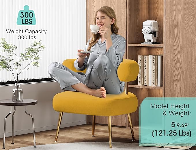 Modern Velvet Accent Chair, Round Upholstered Barrel Armchair for Small Spaces, Fluffy Side Corner Chair for Living Room, Bedroom(Yellow)