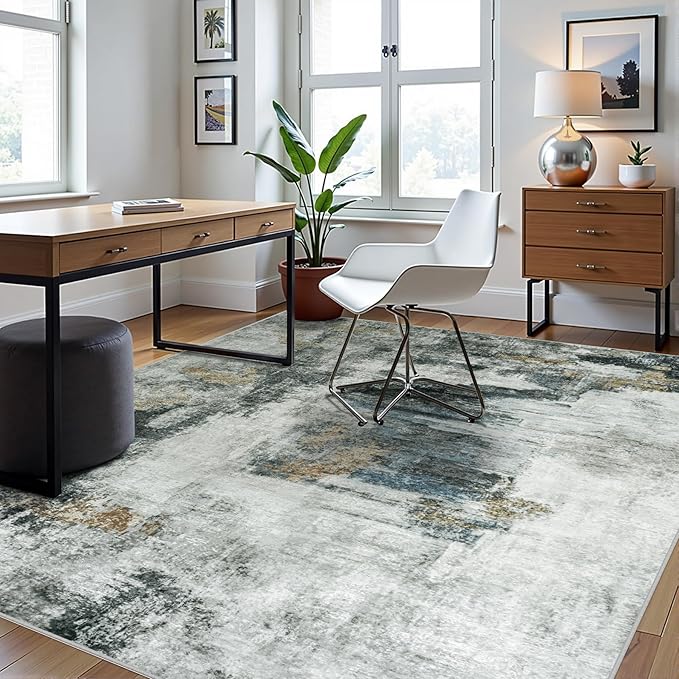 8x10 Area Rugs for Living Room Rug Washable: Abstract Large Rug for Dining Room Bedroom Carpet Non Slip 8 by 10 Indoor Modern Nursery Home Office Black Gold