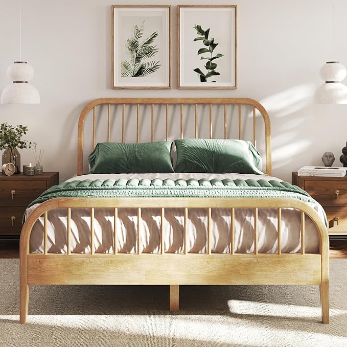 DG Casa Wesley Solid Wood Full Size Bed Frame - Mid Century Modern Style, Platform with Spindle Headboard and Footboard, No Box Spring Required, Natural Finish