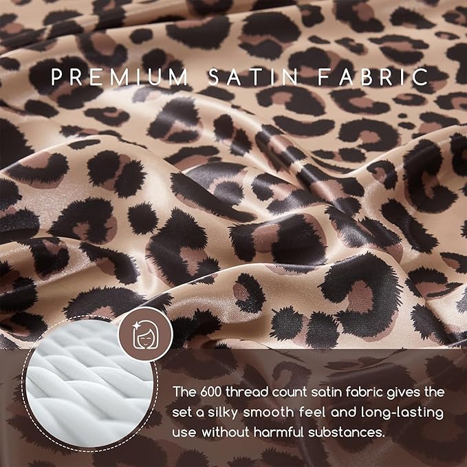 MR&HM Satin Bed Sheets with Elastic Corner Straps, King Size Sheets Set, 6 Pcs Silky Bedding Set with 15 Inches Deep Pocket for Mattress (King, Brown Leopard)
