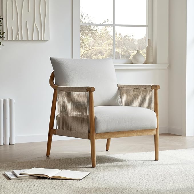 CHITA Braid Accent Chair Set of 2, Modern Armchair with Solid Wooden Armrest for Living Room and Bedroom, Boho Reading Chair, Light Grey
