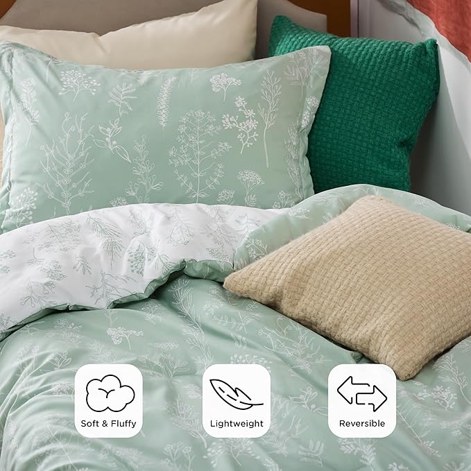 Bedsure Twin/Twin XL Comforter Set - Sage Green Bed Set, 2 Pieces Cute Floral Bedding, 1 Soft Reversible Botanical Flowers Comforter and 1 Pillow Sham