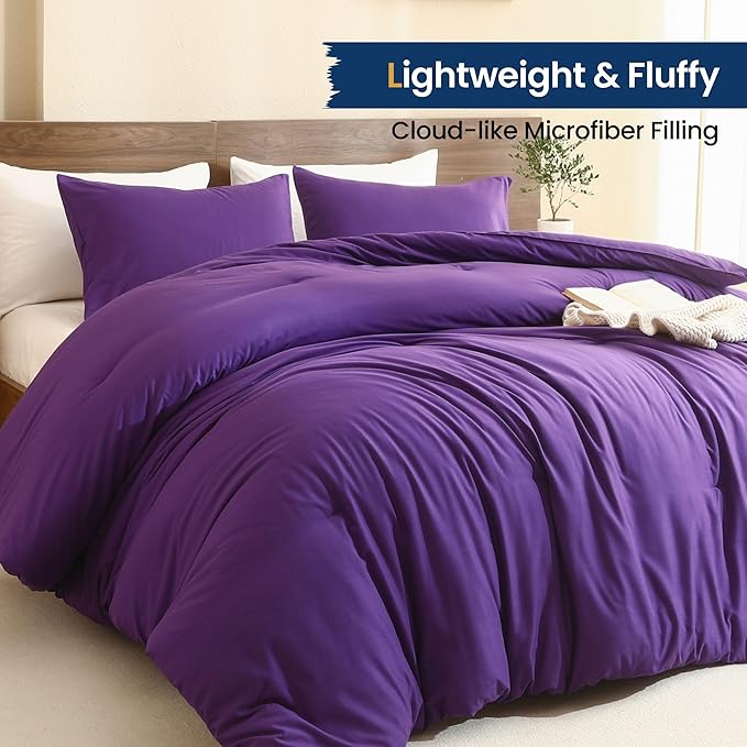 Paxrac Dreamy Purple Comforter Set Full Size, 3 Pieces Romantic Style Comforter Set, Lightweight Solid Bedding Set, All Seasons Soft Fluffy Full Bed Set (80x90In Comforter & 2 Pillowcases)