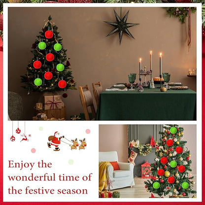 12Pcs Furry Christmas Ball Ornament for Xmas Tree Red Green Soft Faux Fur Pom Pom Ball Ornaments Green Christmas Tree Hanging Decorations for Winter Party Home Decor Costume Supplies