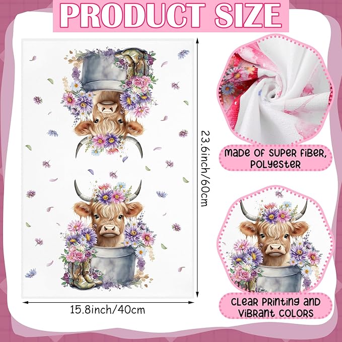Oudain Highland Cattle Farmhouse Kitchen Towels Set of 6 Absorbent Dish Towels 24x16 Sunflower Floral Farmhouse