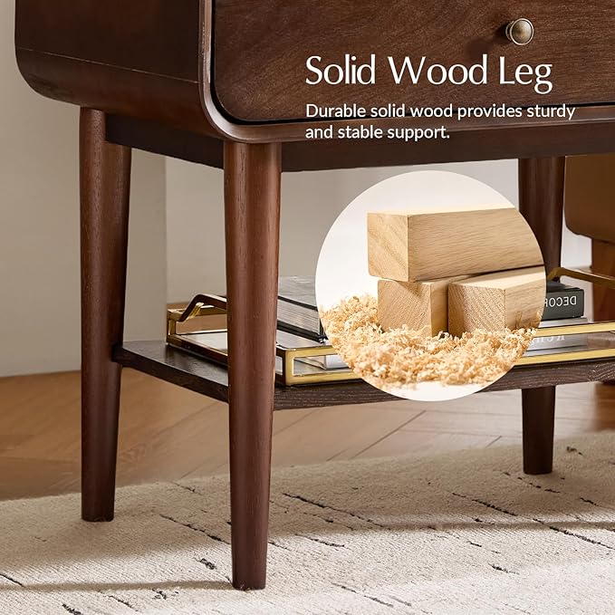 HULALA HOME Nightstand with Pull-Out Shelf, Mid Century Modern End Table with Storage Drawer, Charging Station, Solid Wood Legs, Walnut