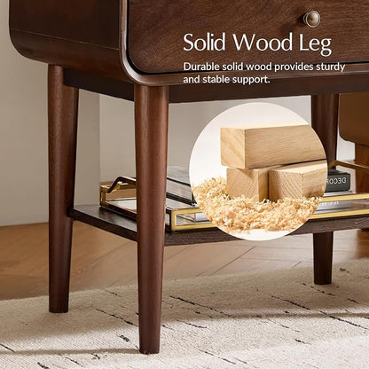 HULALA HOME Nightstand with Pull-Out Shelf, Mid Century Modern End Table with Storage Drawer, Charging Station, Solid Wood Legs, Walnut