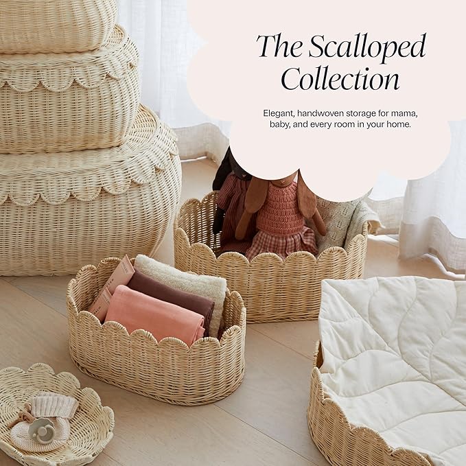 BEBE BASK Premium Scalloped Basket Set Of 2 - Scallop Basket - 16 x 10 x 7 Inch - Hand-Woven Elegant Wicker With Scalloped Edge - Nursery Storage (Natural)