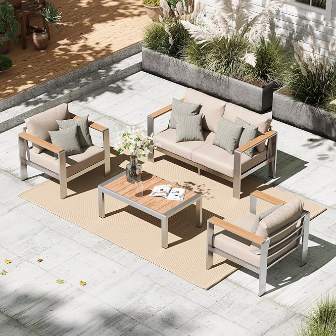 Aluminum Outdoor Patio Furniture Set with Table, 4 Piece Patio Conversation Sets with Washable Thick Cushions, Outdoor Chair Sectional Furniture Set for Porch, Balcony, Deck, Yard, Silver