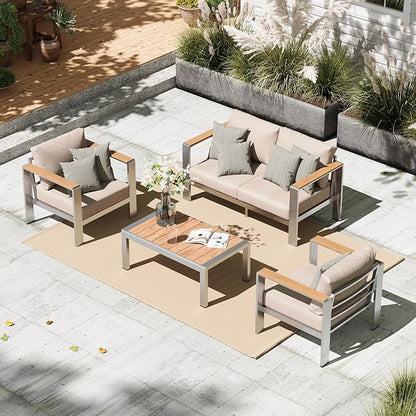Aluminum Outdoor Patio Furniture Set with Table, 4 Piece Patio Conversation Sets with Washable Thick Cushions, Outdoor Chair Sectional Furniture Set for Porch, Balcony, Deck, Yard, Silver