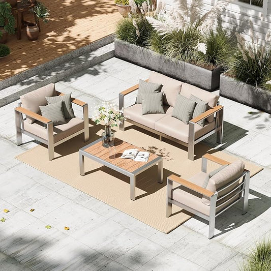 Aluminum Outdoor Patio Furniture Set with Table, 4 Piece Patio Conversation Sets with Washable Thick Cushions, Outdoor Chair Sectional Furniture Set for Porch, Balcony, Deck, Yard, Silver