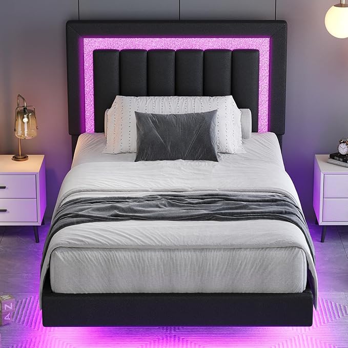 HOMBCK Floating Bed Frame Twin with Smart LED Lights, Faux Leather Upholstered Platform Bed with Diamond Headboard, No Box Spring Needed, Noise Free, Easy Assembly, Black