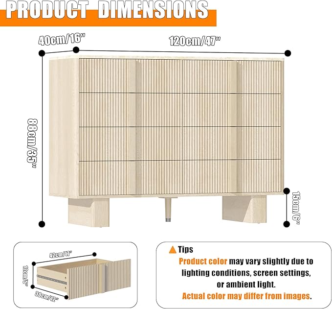 Fluted Dresser for Bedroom with 8 Drawers, 47" Wide Modern Chest of Drawers with Wooden Handle, Wooden Dresser TV Stand, Wood Closet Clothes Storage Organizer for Living Room, Hallway, Whitewashed oak