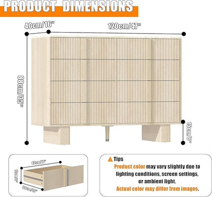 Fluted Dresser for Bedroom with 8 Drawers, 47" Wide Modern Chest of Drawers with Wooden Handle, Wooden Dresser TV Stand, Wood Closet Clothes Storage Organizer for Living Room, Hallway, Whitewashed oak