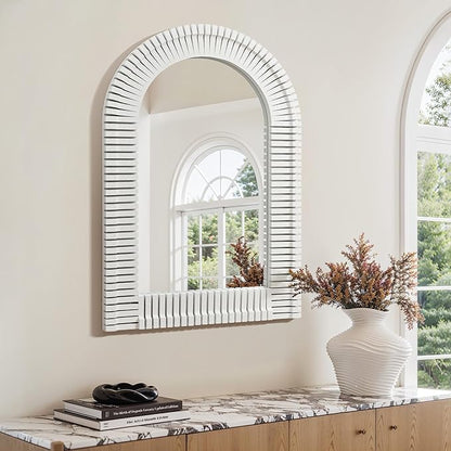 LuxenHome Arched Wall Mirror for Bathroom, 24"x35.5" Large Wood Framed Wall Mounted Decorative Vanity Mirror for Living Room Bedroom Decor, Hanging Sculptures Accent for Entryway Office Home Decor