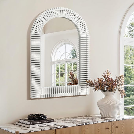 LuxenHome Arched Wall Mirror for Bathroom, 24"x35.5" Large Wood Framed Wall Mounted Decorative Vanity Mirror for Living Room Bedroom Decor, Hanging Sculptures Accent for Entryway Office Home Decor
