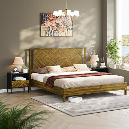 Bme Ethan Solid Wood Queen Bed Frame with Diamond Headboard - Rustic & Mid-century Modern - Acacia Wood Platform Bed - Compatible with All Mattresses - No Box Spring Needed - Rustic Brown
