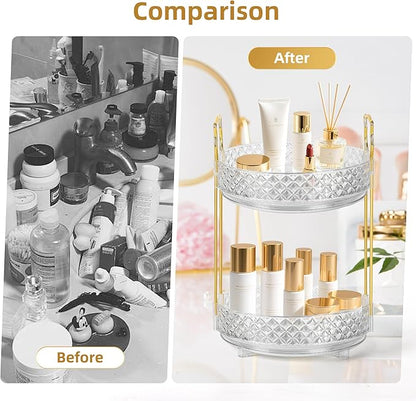 360 Rotating Makeup Organizer for Vanity, 2Tier Adjustable Perfume Organizer for Dresser, Multi-Function Spinning Cosmetics Skincare Storage for Bedroom, Dresser, Countertop, Clear