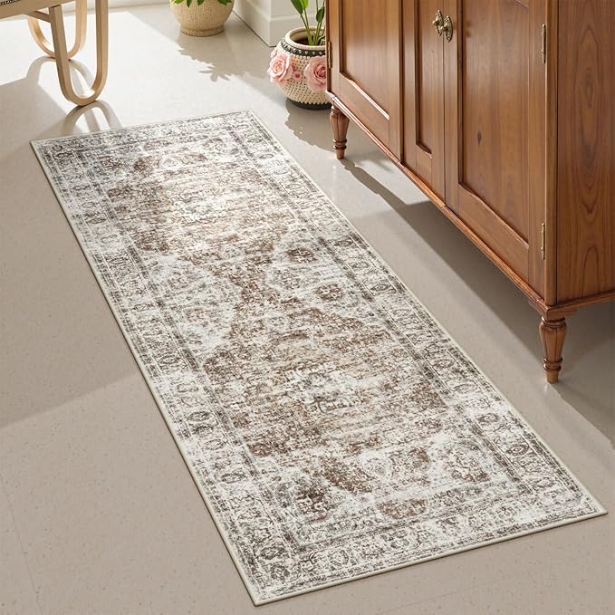 Uphome Bathroom Rugs Runner, Distressed Farmhouse Boho Khaki Bath Mat, Non Slip Washable Long Bath Rugs, Vintage Traditonal Soft Velvet Bathroom Runner for Bathtub Sink Shower, 20x60 inch