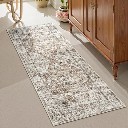 Uphome Bathroom Rugs Runner, Distressed Farmhouse Boho Khaki Bath Mat, Non Slip Washable Long Bath Rugs, Vintage Traditonal Soft Velvet Bathroom Runner for Bathtub Sink Shower, 20x60 inch