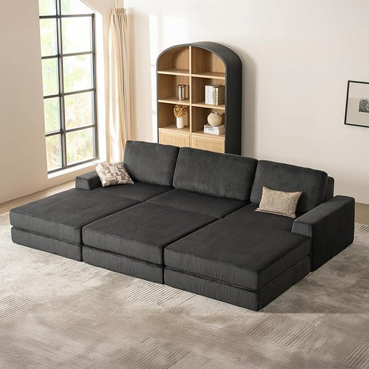 120.47‘’ Boneless Couch Cloud Modular Sectional Couches for Living Room, Oversize L-Shape Sofa with Deep Seat, Plush Corduroy 3-Seater with 3-Ottoman, No Assembly Required