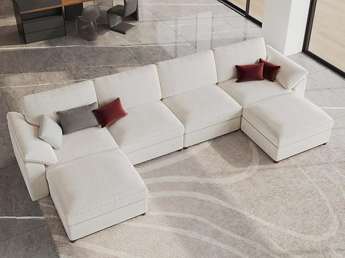 EASE MOOSE Oversized U Shape Sectional Modular Sofa with Ottoman, Comfty Deep Seat Sectional Modular Sofa Couch for Living Room,Removable Cover,White