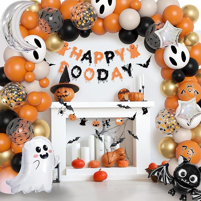Amandir Orange Black White Sand Halloween Birthday Party Decorations, Happy Boo Day Glitter Banner Halloween Balloon Arch Garland kit Foil Bat Ghost Balloons Cake Toppers for Kids Spooky Baby Shower